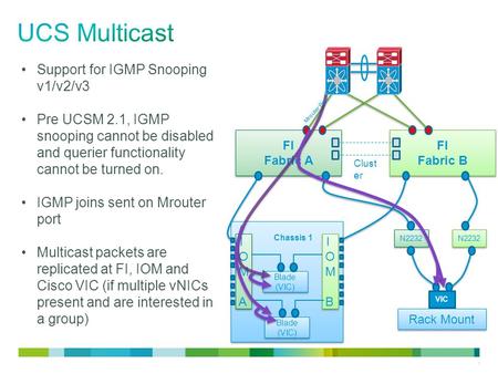 1 Support for IGMP Snooping v1/v2/v3 Pre UCSM 2.1, IGMP snooping cannot be disabled and querier functionality cannot be turned on. IGMP joins sent on Mrouter.