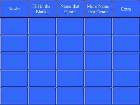 2 pt3 pt4 pt5pt1 pt2 pt3 pt4 pt5 pt1 pt2pt3 pt4pt5 pt1pt2pt3 pt4 pt5 pt1 pt2 pt3 pt4pt5 pt1pt Books Fill in the Blanks Name that Genre More Name that Genre.