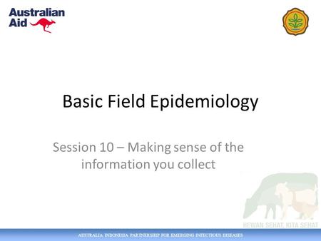 AUSTRALIA INDONESIA PARTNERSHIP FOR EMERGING INFECTIOUS DISEASES Basic Field Epidemiology Session 10 – Making sense of the information you collect.