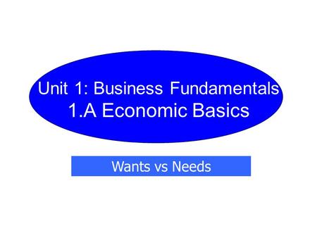 Unit 1: Business Fundamentals 1.A Economic Basics Wants vs Needs.