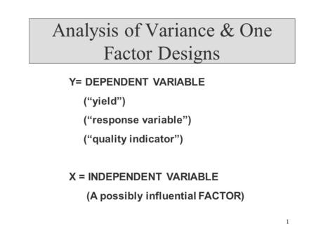 1 Analysis of Variance & One Factor Designs Y= DEPENDENT VARIABLE (“yield”) (“response variable”) (“quality indicator”) X = INDEPENDENT VARIABLE (A possibly.