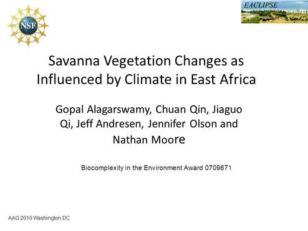 AAG 2010 Washington DC Savanna Vegetation Changes as Influenced by Climate in East Africa Gopal Alagarswamy, Chuan Qin, Jiaguo Qi, Jeff Andresen, Jennifer.