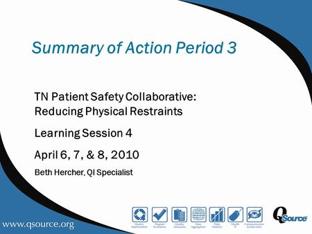 Summary of Action Period 3 TN Patient Safety Collaborative: Reducing Physical Restraints Learning Session 4 April 6, 7, & 8, 2010 Beth Hercher, QI Specialist.