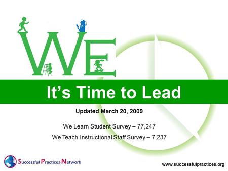 Www.successfulpractices.org It’s Time to Lead Updated March 20, 2009 We Learn Student Survey – 77,247 We Teach Instructional Staff Survey – 7,237.