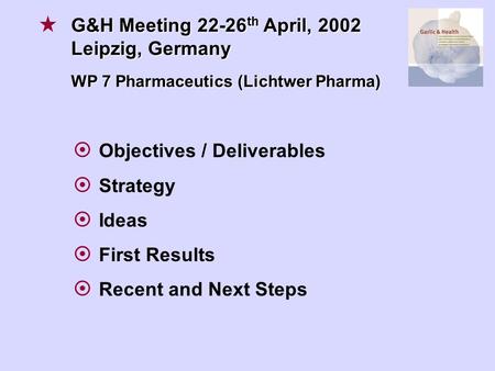  Objectives / Deliverables  Strategy  Ideas  First Results  Recent and Next Steps G&H Meeting 22-26 th April, 2002 Leipzig, Germany WP 7 Pharmaceutics.