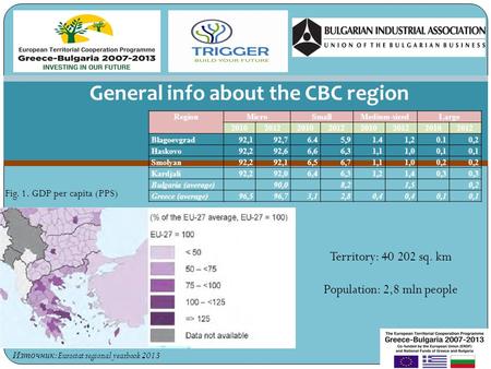 Partner’s Logo General info about the CBC region RegionMicroSmallMedium-sizedLarge 20102012201020122010201220102012 Blagoevgrad92,192,76.45,91.41,20.10,2.