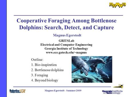 1 Magnus Egerstedt - Summer 2009 Cooperative Foraging Among Bottlenose Dolphins: Search, Detect, and Capture GRITSLab Electrical and Computer Engineering.