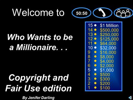 15 14 13 12 11 10 9 8 7 6 5 4 3 2 1 $1 Million $500,000 $250,000 $125,000 $64,000 $32,000 $16,000 $8,000 $4,000 $2,000 $1,000 $500 $300 $200 $100 Welcome.