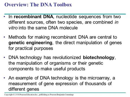 Copyright © 2008 Pearson Education Inc., publishing as Pearson Benjamin Cummings Overview: The DNA Toolbox In recombinant DNA, nucleotide sequences from.