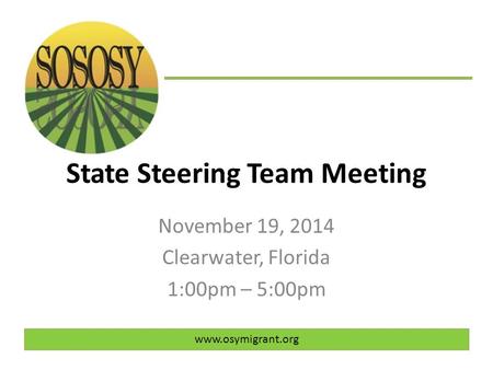 State Steering Team Meeting November 19, 2014 Clearwater, Florida 1:00pm – 5:00pm www.osymigrant.org.