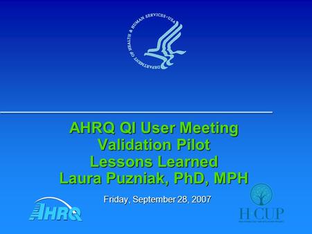 AHRQ QI User Meeting Validation Pilot Lessons Learned Laura Puzniak, PhD, MPH Friday, September 28, 2007.