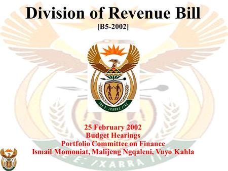 Division of Revenue Bill [B5-2002] 25 February 2002 Budget Hearings Portfolio Committee on Finance Ismail Momoniat, Malijeng Ngqaleni, Vuyo Kahla.