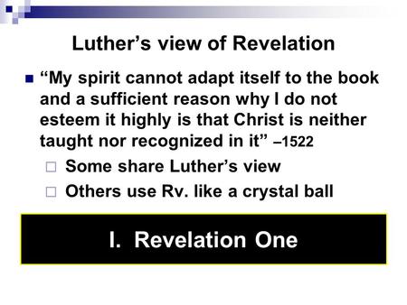 Luther’s view of Revelation “My spirit cannot adapt itself to the book and a sufficient reason why I do not esteem it highly is that Christ is neither.