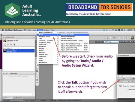 Before we start, check your audio by going to: Tools / Audio / Audio Setup Wizard. Click the Talk button if you wish to speak but don’t forget to turn.