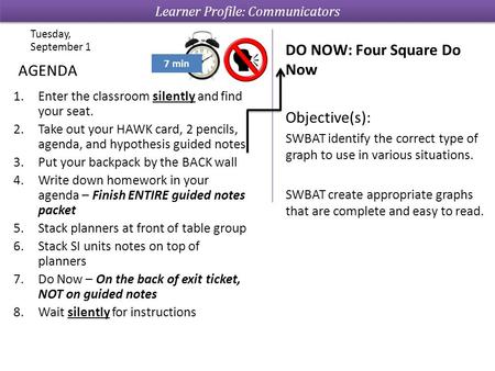 1.Enter the classroom silently and find your seat. 2.Take out your HAWK card, 2 pencils, agenda, and hypothesis guided notes 3.Put your backpack by the.