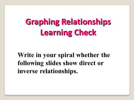 Graphing Relationships Learning Check Graphing Relationships Learning Check Write in your spiral whether the following slides show direct or inverse relationships.