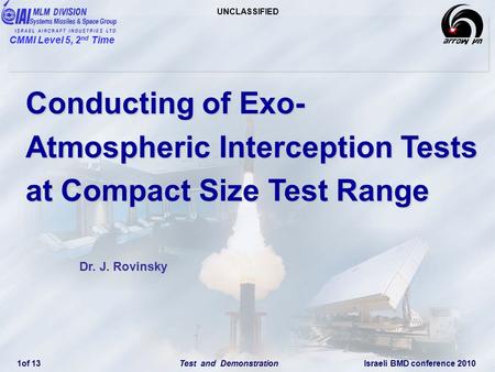 UNCLASSIFIED CMMI Level 5, 2 nd Time Israeli BMD conference 2010Test and Demonstration 1of 13 Conducting of Exo- Atmospheric Interception Tests at Compact.