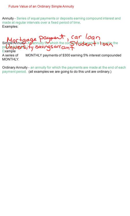 Future Value of an Ordinary Simple Annuity Annuity - Series of equal payments or deposits earning compound interest and made at regular intervals over.