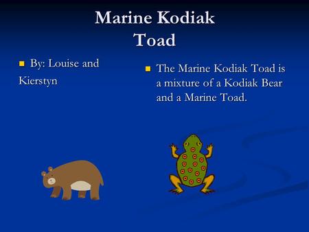 Marine Kodiak Toad By: Louise and By: Louise andKierstyn The Marine Kodiak Toad is a mixture of a Kodiak Bear and a Marine Toad.