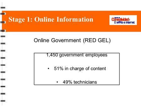 Stage 1: Online Information Online Government (RED GEL) 1,450 government employees 51% in charge of content 49% technicians.