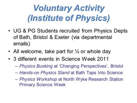 Voluntary Activity (Institute of Physics) UG & PG Students recruited from Physics Depts of Bath, Bristol & Exeter (via departmental emails) All welcome,