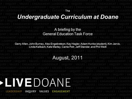 The Undergraduate Curriculum at Doane A briefing by the General Education Task Force Gerry Allen, John Burney, Alec Engebretson, Kay Hegler, Adam Hunke.