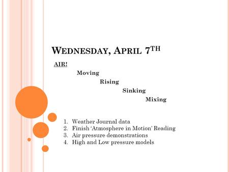 W EDNESDAY, A PRIL 7 TH AIR! Moving Rising Sinking Mixing 1.Weather Journal data 2.Finish ‘Atmosphere in Motion’ Reading 3.Air pressure demonstrations.