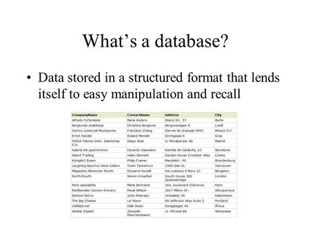 What’s a database? Data stored in a structured format that lends itself to easy manipulation and recall.