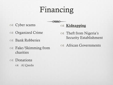 Financing  Cyber scams  Organized Crime  Bank Robberies  Fake/Skimming from charities  Donations  Al Qaeda  Kidnapping  Theft from Nigeria’s Security.