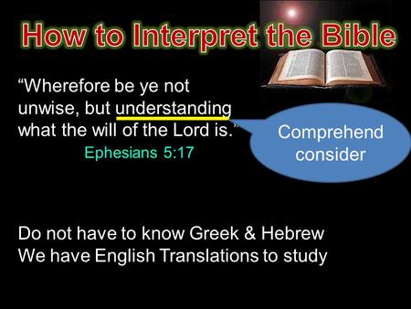 “Wherefore be ye not unwise, but understanding what the will of the Lord is.” Ephesians 5:17 Comprehend consider Do not have to know Greek & Hebrew We.