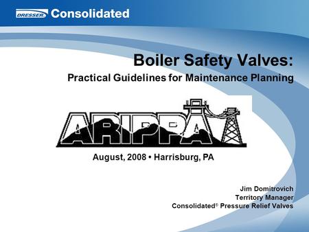 Boiler Safety Valves: Practical Guidelines for Maintenance Planning Jim Domitrovich Territory Manager Consolidated ® Pressure Relief Valves August, 2008.