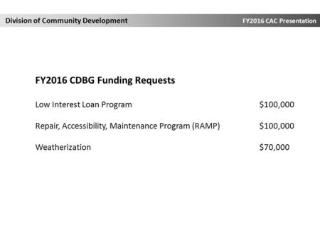 Division of Community Development FY2016 CAC Presentation Low Interest Loan Program$100,000 Repair, Accessibility, Maintenance Program (RAMP)$100,000 Weatherization$70,000.