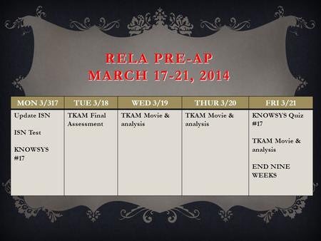 RELA PRE-AP MARCH 17-21, 2014 MON 3/317TUE 3/18WED 3/19THUR 3/20FRI 3/21 Update ISN ISN Test KNOWSYS #17 TKAM Final Assessment TKAM Movie & analysis KNOWSYS.