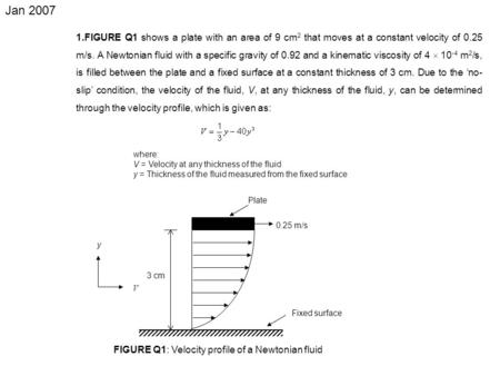 Jan 2007 3 cm 0.25 m/s y V Plate Fixed surface 1.FIGURE Q1 shows a plate with an area of 9 cm 2 that moves at a constant velocity of 0.25 m/s. A Newtonian.