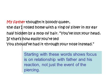 My father thought it bloody queer, the day I rolled home with a ring of silver in my ear half hidden by a mop of hair. “You’ve lost your head. If that’s.