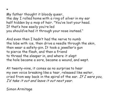 * My father thought it bloody queer, the day I rolled home with a ring of silver in my ear half hidden by a mop of hair. You’ve lost your head. If that’s.