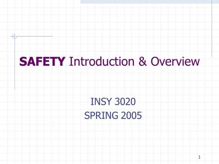 1 SAFETY SAFETY Introduction & Overview INSY 3020 SPRING 2005.