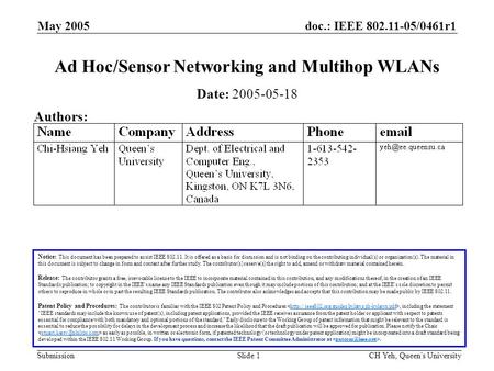 Doc.: IEEE 802.11-05/0461r1 Submission May 2005 CH Yeh, Queen's UniversitySlide 1 Ad Hoc/Sensor Networking and Multihop WLANs Notice: This document has.