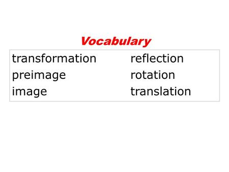 Vocabulary transformation		 reflection preimage			 rotation