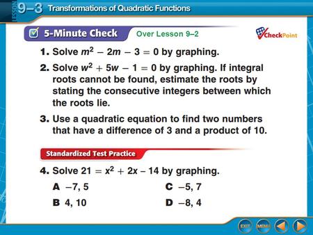 Over Lesson 9–2. Splash Screen Transformations of Quadratic Functions Lesson 9-3.