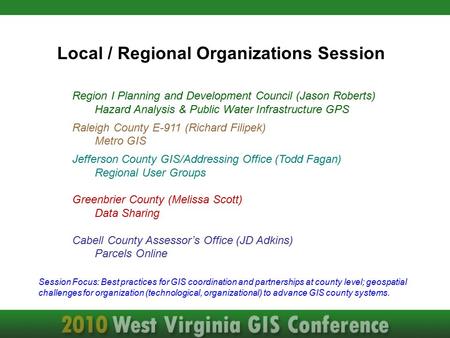 Local / Regional Organizations Session Region I Planning and Development Council (Jason Roberts) Hazard Analysis & Public Water Infrastructure GPS Raleigh.