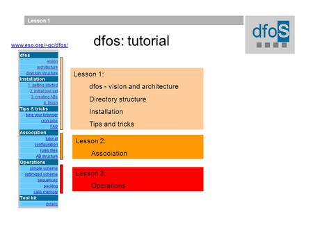 Lesson 1 Lesson 2: Association Lesson 1: dfos - vision and architecture Directory structure Installation Tips and tricks Lesson 3: Operations www.eso.org/~qc/dfos/