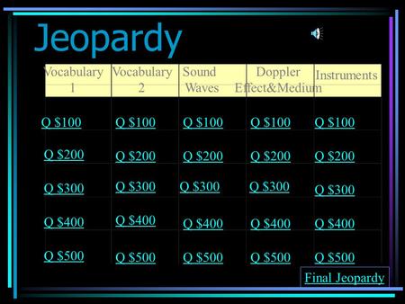 Jeopardy Vocabulary 1 Vocabulary 2 Sound Waves Doppler Effect&Medium Instruments Q $100 Q $200 Q $300 Q $400 Q $500 Q $100 Q $200 Q $300 Q $400 Q $500.