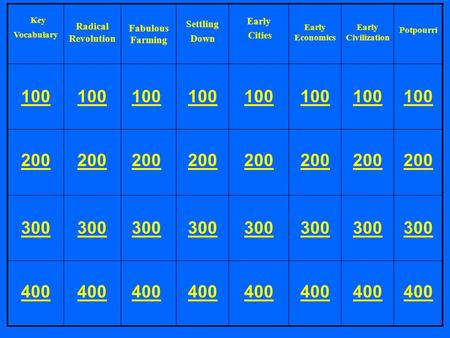 Key Vocabulary Radical Revolution Fabulous Farming Settling Down Early Cities Early Economics Early Civilization Potpourri 100 200 300 400 100 200 300.