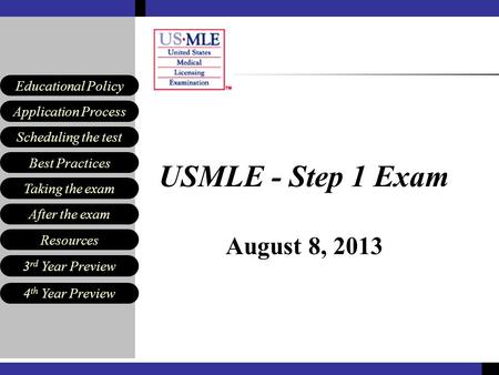 Scheduling the test Best Practices Resources Application Process Educational Policy After the exam Taking the exam 3 rd Year Preview 4 th Year Preview.