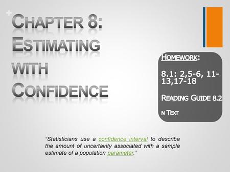 + “Statisticians use a confidence interval to describe the amount of uncertainty associated with a sample estimate of a population parameter.”confidence.