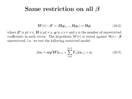 Example 5.A joint test of homogeneity between real money and real income and no deterministic linear trend in the cointegration relations.