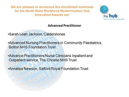 We are pleased to announce the shortlisted nominees for the North West Workforce Modernisation Hub Innovation Awards are: Advanced Practitioner Sarah Leah.