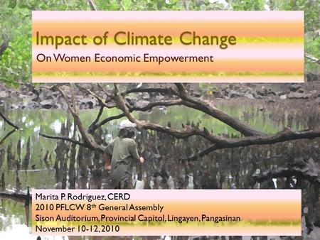 Impact of Climate Change On Women Economic Empowerment Marita P. Rodriguez, CERD 2010 PFLCW 8 th General Assembly Sison Auditorium, Provincial Capitol,