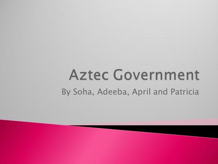 By Soha, Adeeba, April and Patricia.  The Aztec government was different to other systems of government back then. Actually, it was more of a system.